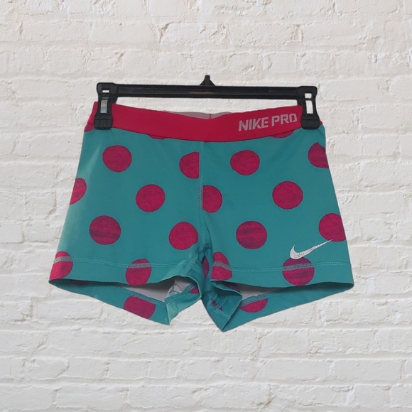 Nike Pro compression shorts blue with pink polka dots women's small - Picture 1 of 2